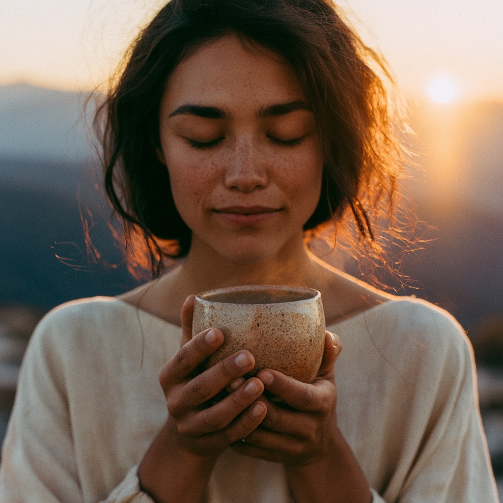 Woman cupping a bowl of Ayurvedic tea at sunrise